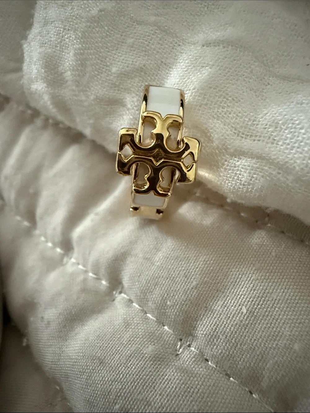 Tory Burch Gold and Cream Logo Hoop Earrings
